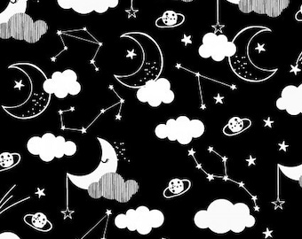 Don’t Forget to Dream FLANNEL - Moon Stars Black from 3 Wishes Fabric