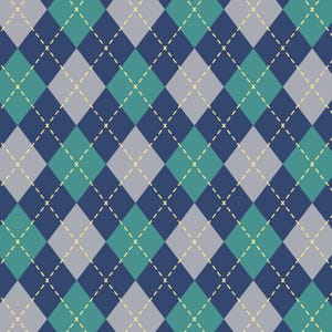 Puede incluir: Patrón de rombos sin costuras en tonos azul, verde azulado y gris, con detalles de puntadas cruzadas amarillas. El diseño de diamantes repetido crea un aspecto clásico y texturizado, adecuado para diversas aplicaciones.