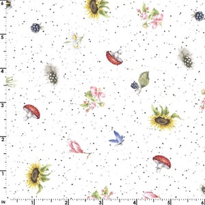 May include: White fabric with a repeating pattern of black dots, sunflowers, mushrooms, butterflies, berries, and flowers.