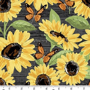 Sunflower Meadow - Large Sunflowers Butterfly Black from Andover Fabrics