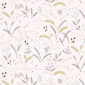 May include: A seamless pattern featuring a variety of delicate floral and botanical elements in shades of brown, gray, and pink on a white background. The pattern includes wheat stalks, butterflies, and small flowers.
