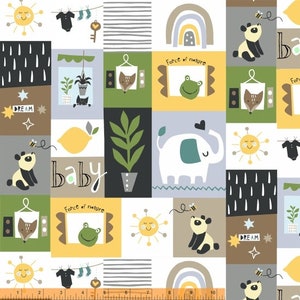May include: A patchwork pattern with illustrations of a panda, sun, rainbow, and baby clothes. The design includes the word "baby" and the phrase "force of nature" in colourful squares. The overall theme is a nursery or children's design.
