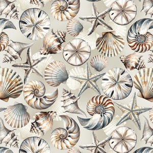 May include: A pattern featuring various seashells, starfish, and sand dollars in shades of beige, brown, and blue. The design includes detailed illustrations of nautilus shells, scallop shells, and starfish, creating a coastal or nautical theme.