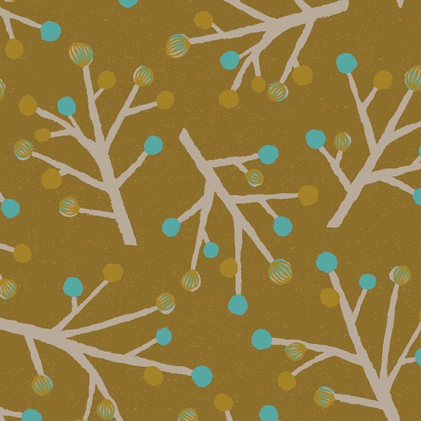 Scandinavian Woods OXFORD - Berry Branches Trees Mustard Yellow from Cosmo Fabric