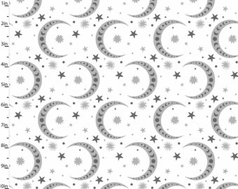 May include: A seamless pattern featuring gray crescent moons and stars on a white background. The pattern is repeated throughout the image.
