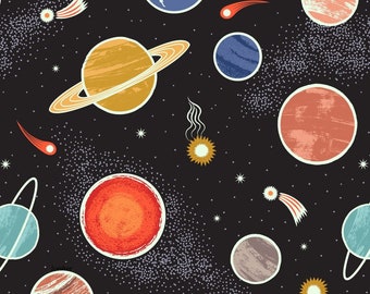 Space Glow GLOW IN DARK - Planets Black from Lewis and Irene Fabric