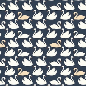 Könnte beinhalten: Ein nahtloses Muster aus weißen Schwänen auf dunkelblauem Hintergrund. Ein Schwan ist hellbeige.