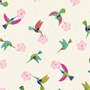 Hibiscus Hummingbird - Scattered Hummingbirds Cream from Lewis and Irene Fabric