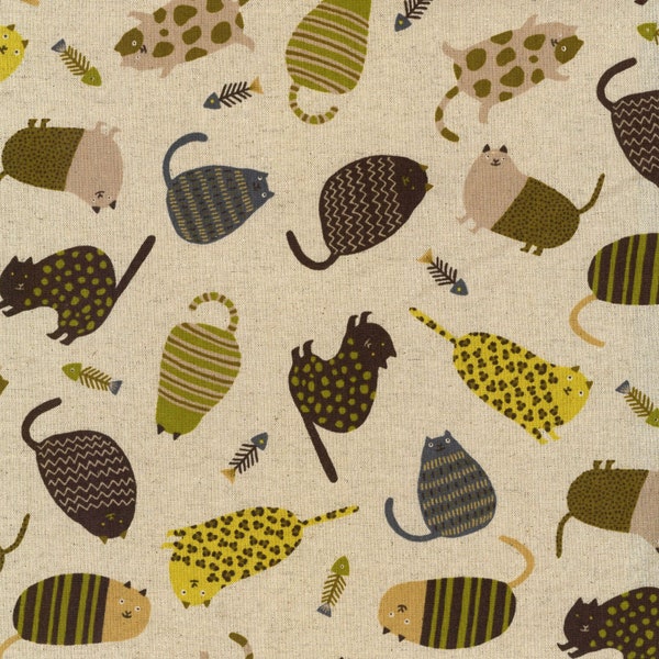 Patterned Animals CANVAS - Cats Yellow Multi Natural from Kokka Fabric