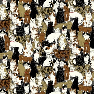 Pode incluir: Um padrão sem costura que apresenta uma multidão de gatos em várias poses e cores. Os gatos são desenhados em um estilo simples de desenho animado com contornos pretos e preenchidos com tons de marrom, preto, branco e cinza. O fundo é de cor cinza sólida.