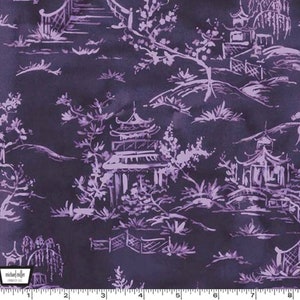 May include: Purple fabric with a white repeating pattern of Japanese-style pagodas, trees, and bridges. The fabric has a subtle watercolor effect.