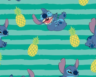 May include: A teal and white striped background with a repeating pattern of blue Stitch characters and yellow pineapples. Stitch is a cartoon character from the Disney movie Lilo & Stitch.
