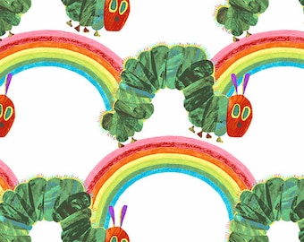 The Very Hungry Caterpillar Bright- Rainbow Caterpillars White by Eric Carle from Andover Fabrics