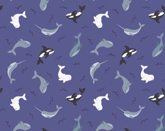 Small Things Polar Animals - Whales Indigo Blue Pearl from Lewis and Irene Fabric