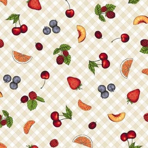 May include: A seamless pattern featuring a variety of fruits and berries on a white and beige checkered background. The pattern includes strawberries, cherries, blueberries, raspberries, oranges, and peaches.