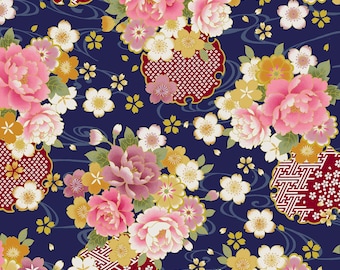 Traditional Japan Sheeting Metallic - Floral Swirl Blue from Cosmo Fabric