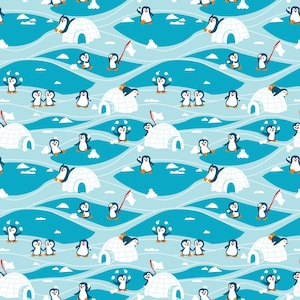 May include: A seamless pattern featuring penguins playing in the snow. The penguins are wearing blue and white colors and are surrounded by white igloos. The background is a light blue color with white wavy lines.