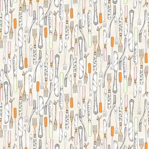 May include: A seamless pattern featuring a variety of silver cutlery, including forks and knives, on a light beige background. The cutlery is drawn in a hand-drawn style with intricate details.