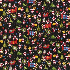 Weihnachtsbaumwolle - Santa Aktivität Schwarz von Fabric Traditions Fabric