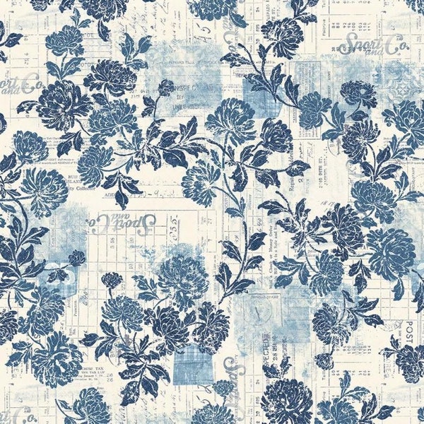 Blue Jean Baby - Blue Romance Floral Words Cream from Michael Miller Fabric