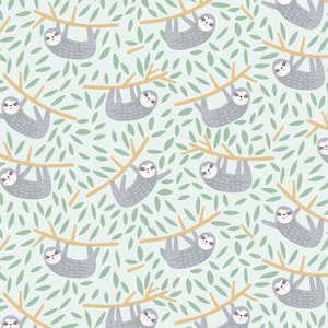 May include: A seamless pattern featuring gray sloths hanging from branches with green leaves on a light blue background.