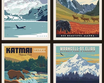 May include: A collage of four vintage travel posters featuring national parks in Alaska. The posters feature scenic landscapes, wildlife, and text that reads "Glacier Bay National Park", "Gates of the Arctic National Park", "Katmai National Park", and "Wrangell-St. Elias National Park & Preserve".