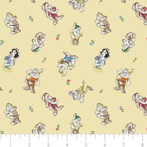 Disney Princess - Snow White Seven Dwarfs Cast Toss Yellow from Camelot Fabrics