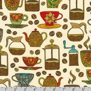 May include: A white background with a repeating pattern of coffee pots, coffee cups, coffee beans, and coffee grinders. The design is in a vintage style with brown, red, green, and blue colours.