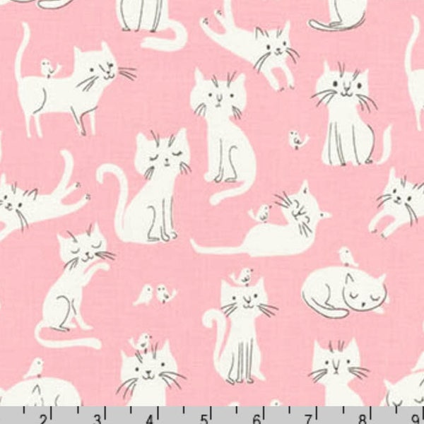 Whiskers & Tails - Cats Birds Pink by Sea Urchin Studio from Robert Kaufman
