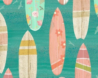 Beach Travel - Surf Boards Turquoise by Beth Albert from 3 Wishes Fabric