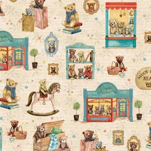 May include: A beige background with a repeating pattern of teddy bears, books, and shops. The shops have signs that say "Much Loved Bear". There are also teddy bears on rocking horses, in a rocking chair, and on shelves.