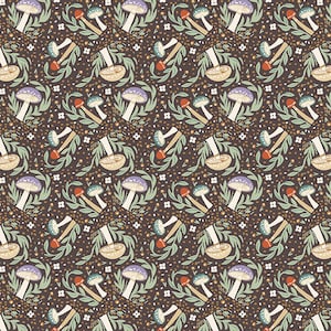 May include: A seamless pattern featuring a variety of mushrooms in shades of brown, purple, and green. The mushrooms are surrounded by small white flowers and green leaves on a dark brown background.