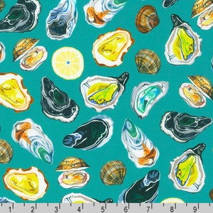 May include: A teal blue fabric with a repeating pattern of oysters, clams, and lemons. The oysters are open and closed, and some have a pearl inside. The clams are closed and have a brown and white striped pattern. The lemons are yellow and have a green stem.