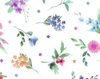 Bloom Bright - Tossed Flowers White Multi from Maywood Studio Fabric
