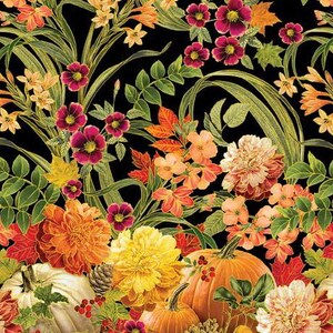May include: A vibrant floral pattern featuring a black background with an array of colorful flowers, pumpkins, and leaves. The design includes orange, yellow, and white pumpkins, along with various flowers in shades of orange, pink, and yellow.