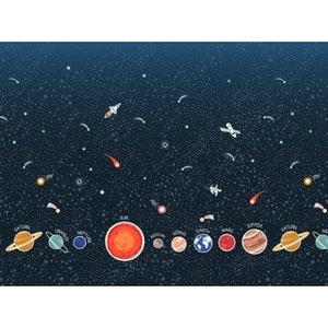 May include: A whimsical illustration of the solar system against a dark blue background filled with stars, comets, rockets, and an astronaut. The planets are labeled and depicted in a colorful, cartoon style.
