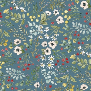 Cottontail Farm - Tossed Flowers Teal by Caverly Smith from 3 Wishes Fabric