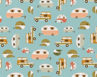 Vintage Camping - Campers Trailers Transportation Blue by Crissy Rodda from Paintbrush Studio Fabrics