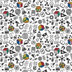 Op de afbeelding: Een herhalend patroon van zwarte wetenschappelijke en wiskundige iconen op een witte achtergrond. De iconen omvatten Rubik's kubussen, bekers, globes en wiskundige symbolen. Het ontwerp is naadloos.