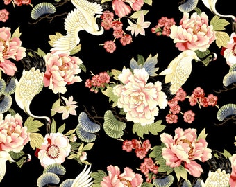 Tadashi Metallic - All over Floral Crane Black from P & B Textiles Fabric