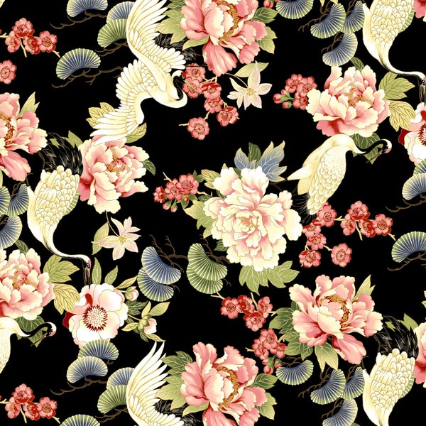 Tadashi Metallic - All over Floral Crane Black from P & B Textiles Fabric