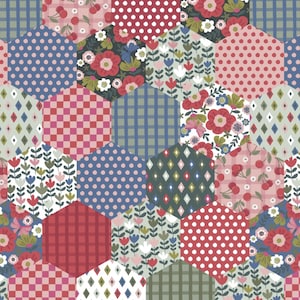 May include: A patchwork fabric with a hexagonal pattern in shades of red, pink, blue, and green. The fabric features various patterns, including polka dots, checkered, floral, and geometric designs.