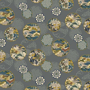 Hyakka Ryoran Shiki Metallic - Floral Circle Floral Grey from Quilt Gate Fabric