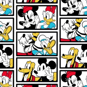 May include: A colorful cartoon photo booth strip featuring Mickey Mouse, Minnie Mouse, Donald Duck, Goofy, and Pluto. The characters are in various poses and expressions, with a white background and black borders.