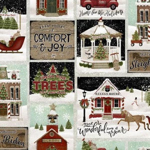 May include: A black and white fabric with a winter village theme. The fabric features illustrations of houses, trees, a schoolhouse, a gazebo, a red truck, and a sleigh. The fabric also includes text that says "Home for the Holidays", "Fresh Pine Trees", "Old Fashioned Sleigh Rides", "Comfort & Joy", and "Most Wonderful Time of Year".