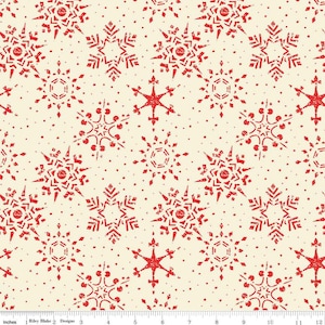 Könnte beinhalten: Ein nahtloses Muster mit roten Schneeflocken und Sternen auf cremefarbenem Hintergrund. Die Schneeflocken sind in verschiedenen Größen und Formen, und die Sterne haben ein fünfzackiges Design. Das Muster ist perfekt für Weihnachtsbastelarbeiten und Projekte.