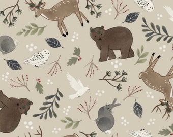 Christmas In The Country - Woodland Animals Toss Beige from 3 Wishes Fabric
