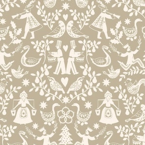 The 12 Days of Christmas - Mirrored Characters Natural from Lewis and Irene Fabric