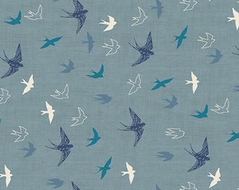 May include: A repeating pattern of stylized birds in flight. The birds are in shades of blue, teal, and white, set against a textured, muted blue background. The design includes detailed and outline illustrations of swallows.