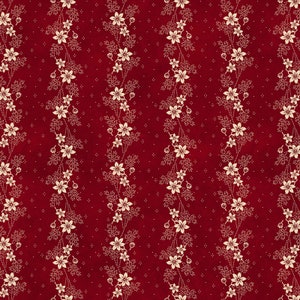 May include: A red fabric with a repeating pattern of white floral vines. The fabric has a subtle textured appearance.